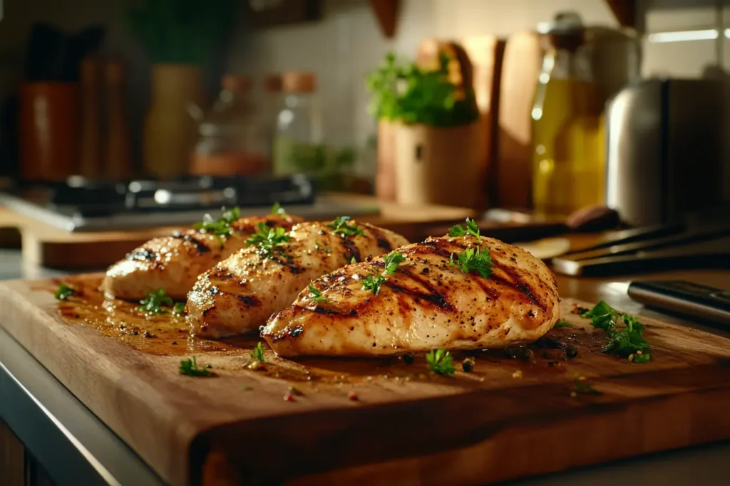 Perfectly grilled chicken breasts resting on a wooden cutting board, garnished with herbs.