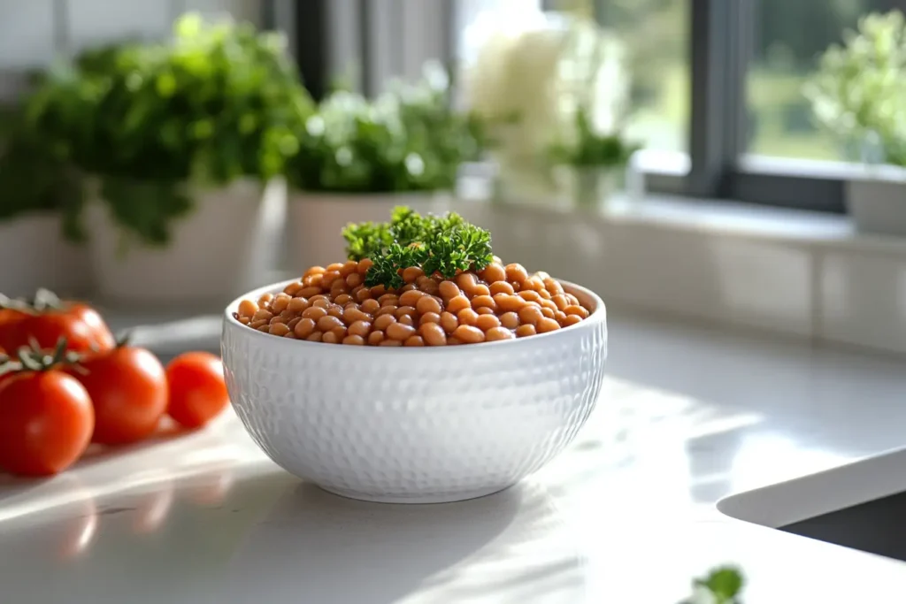 Close-up of healthy baked beans in a modern white bowl on a kitchen countertop.