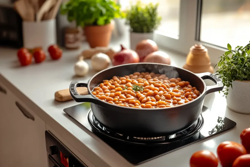 Homemade baked beans cooking in a pot, surrounded by fresh ingredients like tomatoes and onions on a kitchen countertop