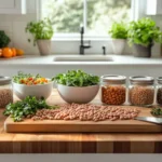 Canned beans in bowls with fresh ingredients like herbs and spices in a modern kitchen