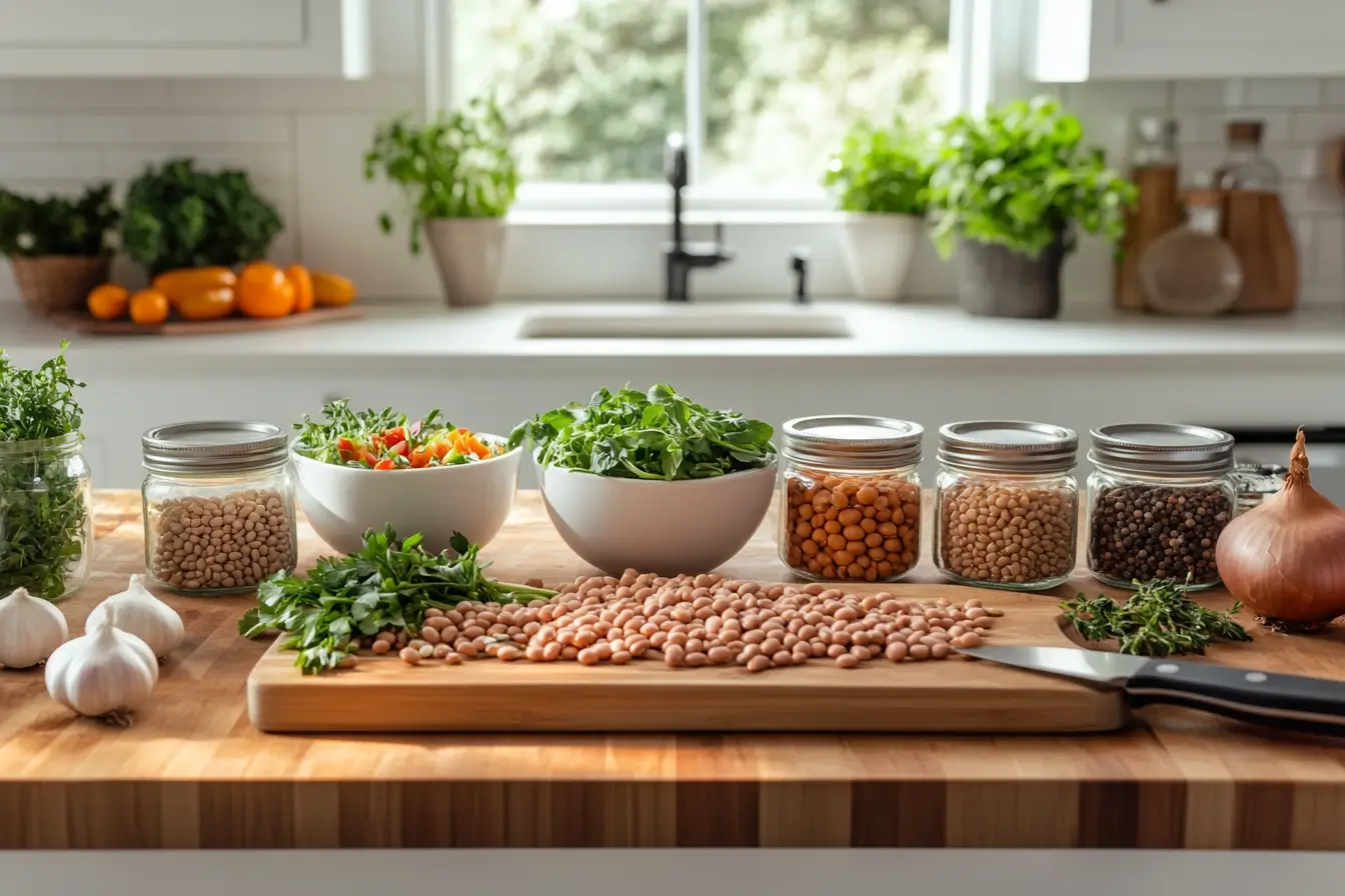 Canned beans in bowls with fresh ingredients like herbs and spices in a modern kitchen