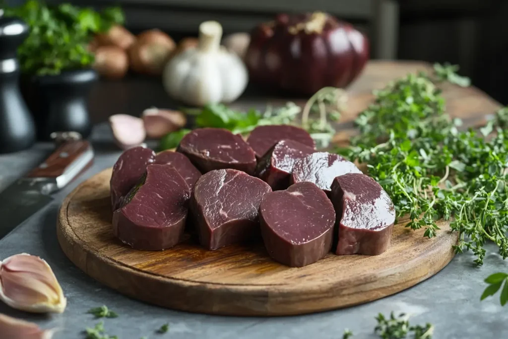 Cleaned and trimmed beef heart slices on a cutting board with cooking utensils in a modern kitchen