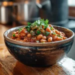 A close-up shot of a bowl of baked beans garnished with fresh parsley, sitting on a wooden kitchen counter.