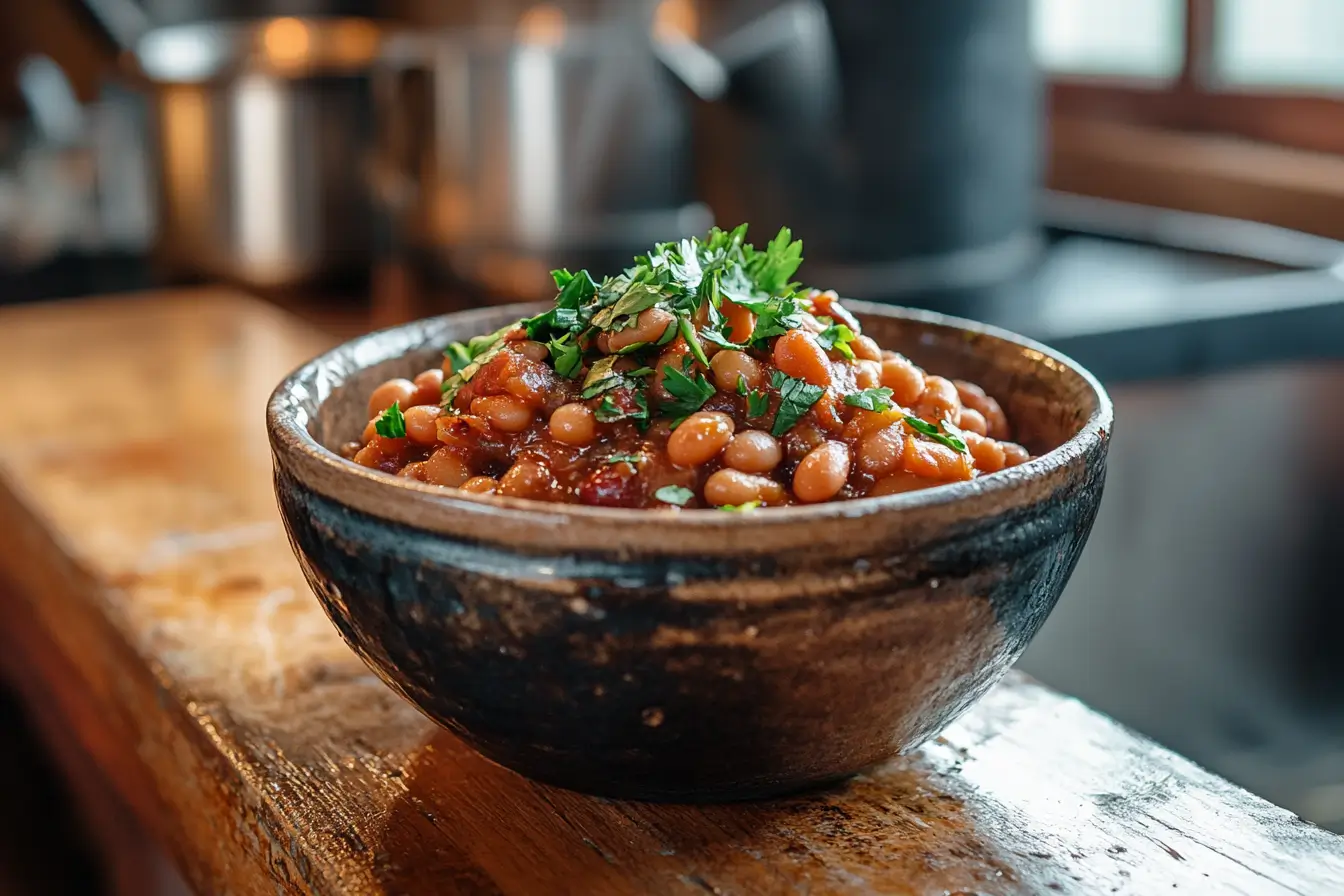 A close-up shot of a bowl of baked beans garnished with fresh parsley, sitting on a wooden kitchen counter.