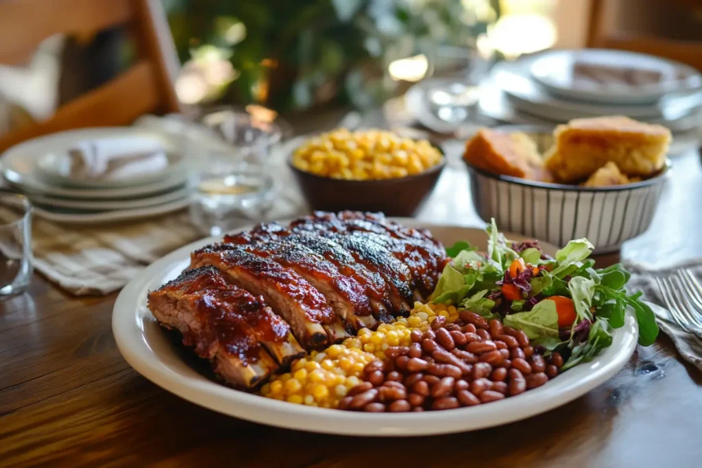 A plate of baked beans served with barbecue ribs, crispy cornbread, and a side of fresh salad on a rustic wooden table.