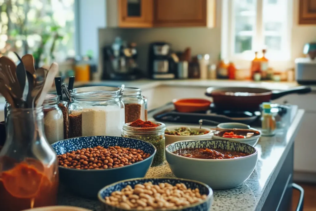 A modern kitchen counter with bowls of navy beans, molasses, tomato sauce, and spices, ready for baked beans preparation.