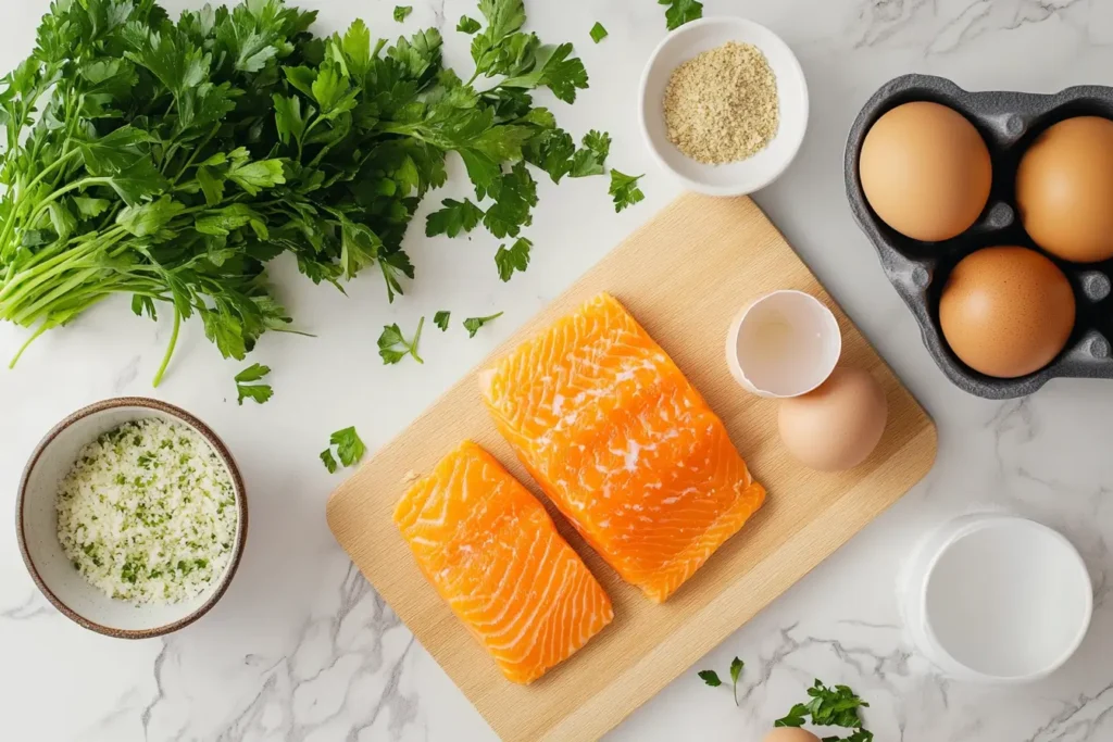 Fresh ingredients for salmon patties: salmon, breadcrumbs, eggs, and parsley arranged on a countertop