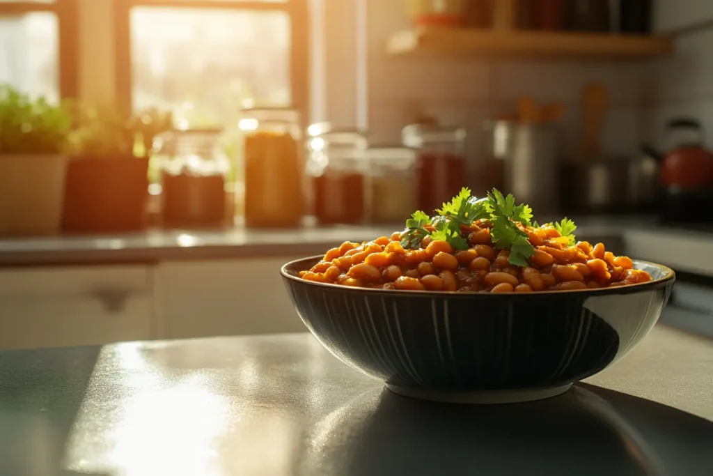 A bowl of baked beans infused with curry powder and garnished with cilantro, served on a sleek countertop with spice jars in the background