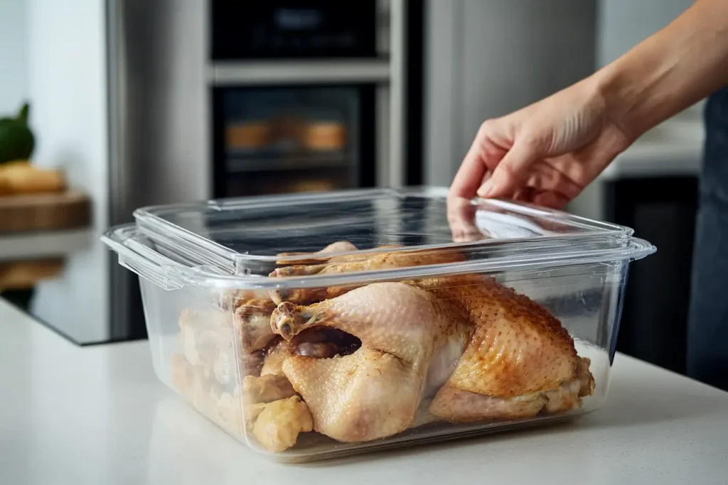 Rotisserie chicken being stored in a clean kitchen, with airtight containers and refrigerator in the background.