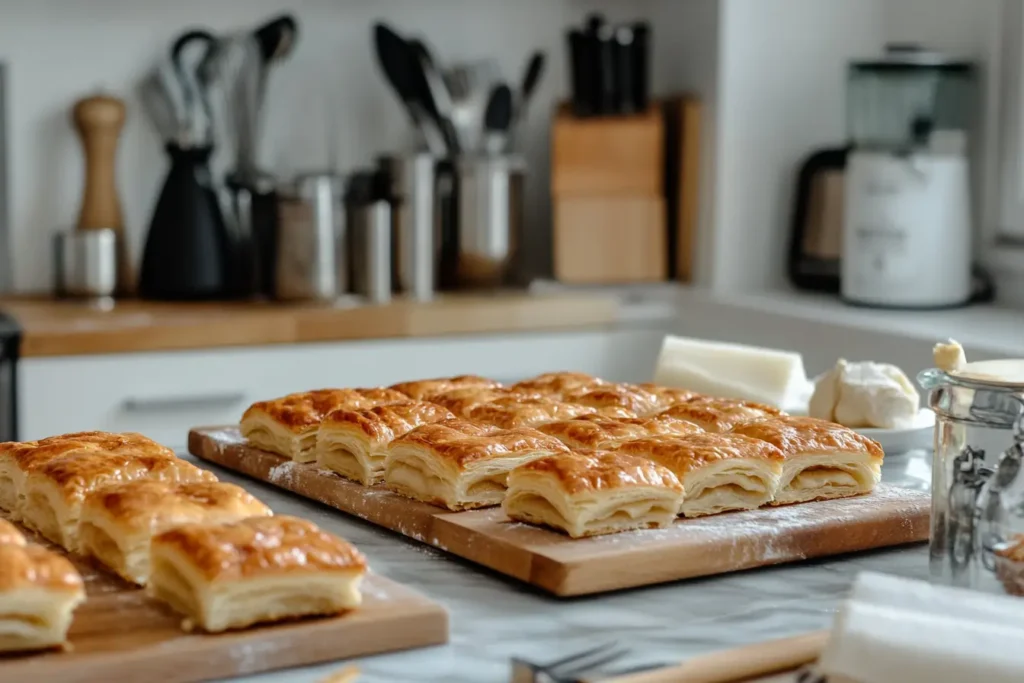 Puff pastry squares filled with spiced apples, ready to be folded, placed on a marble countertop in a luxurious kitchen