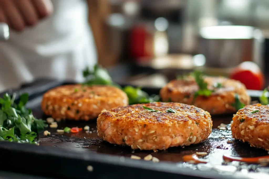 Chef preparing salmon patties with breadcrumb substitutes in a modern kitchen