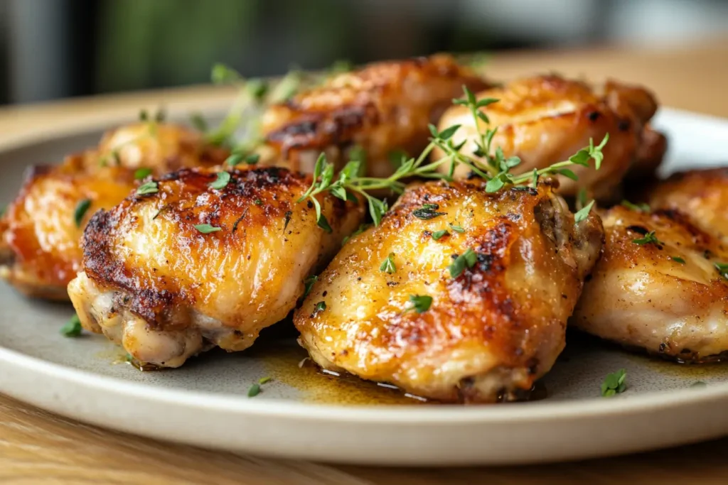 A plate of golden crispy frozen chicken cooked in an air fryer, garnished with herbs, on a modern dining table