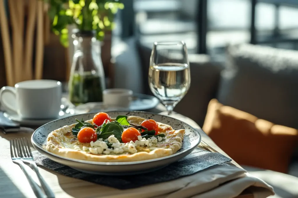 Modern-style Yankee pie with spinach, tomatoes, and feta cheese on a ceramic plate with herbs