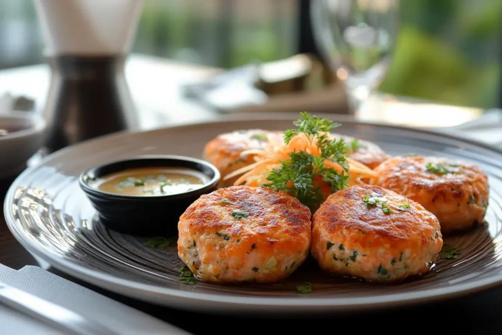 Old-fashioned salmon patties plated elegantly with a side of dipping sauce and greens in a stylish restaurant