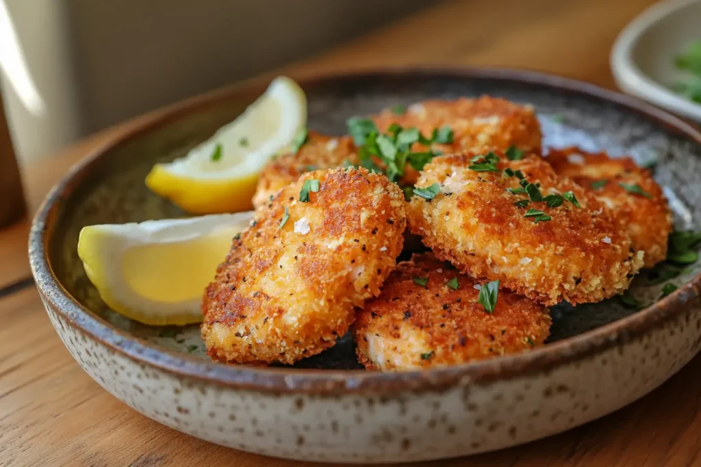 A close-up of old-fashioned salmon patties served on a rustic plate with lemon slices and fresh greens