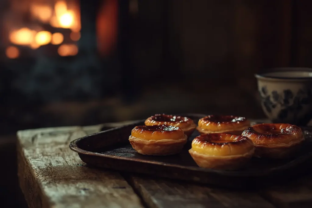 A tray of pastel de nata custard tarts on a rustic wooden table with coffee cups in the background.