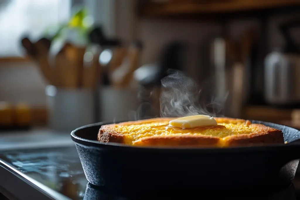 Freshly baked cornbread in a cast-iron skillet with a golden crust, placed on a modern kitchen island.

