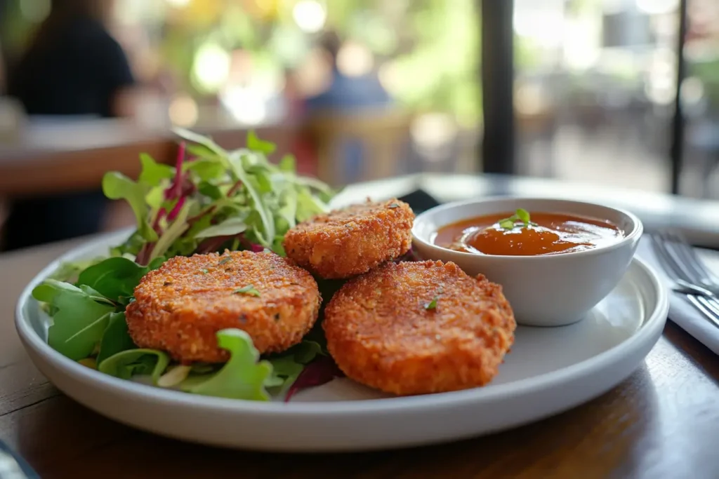 A plate of perfectly cooked salmon patties with a side of dipping sauce and a garnish of fresh greens