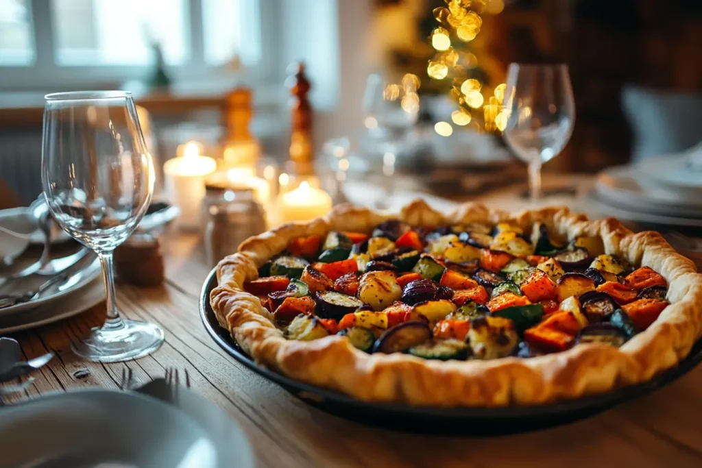 A puff pastry tart filled with vibrant vegetables on a baking sheet in a stylish kitchen