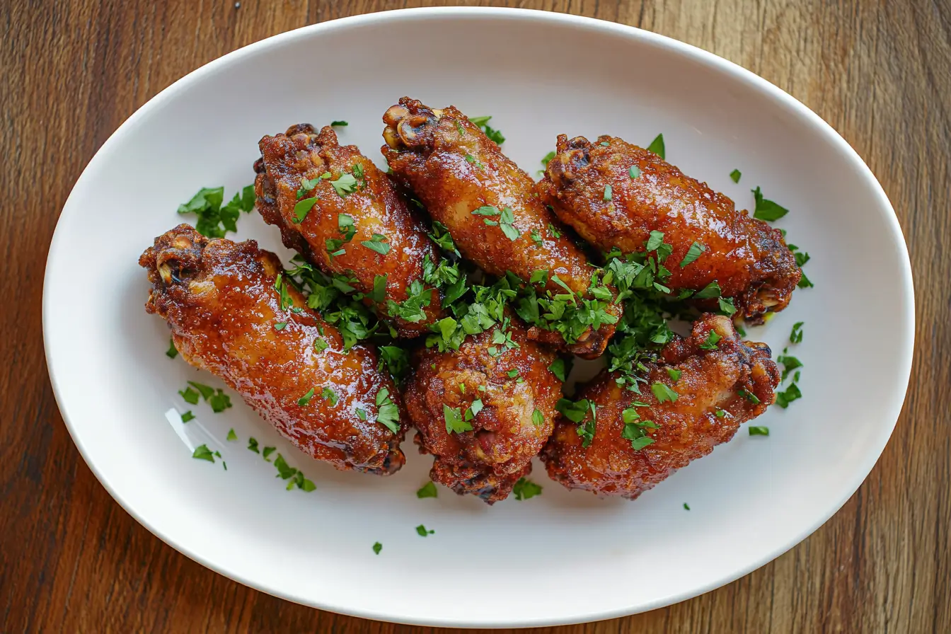 A plate of golden crispy air fryer frozen chicken wings garnished with herbs.