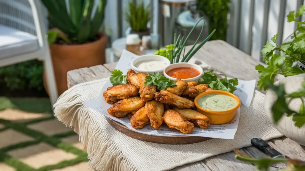 A platter of crispy, golden air-fried chicken wings served with dipping sauces on a wooden table.