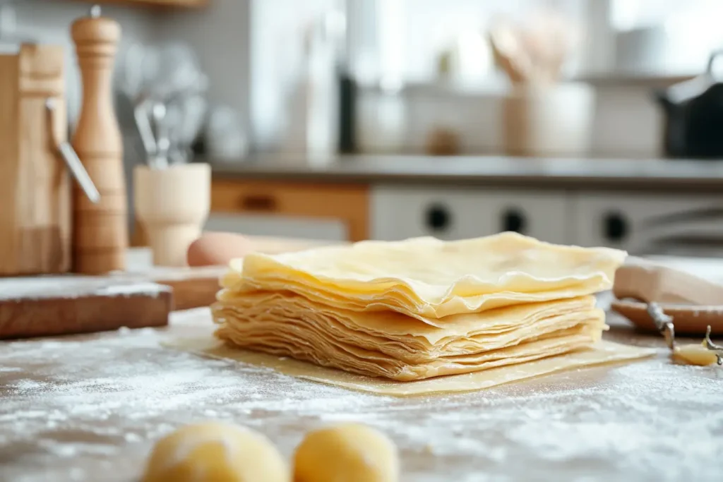 A golden puff pastry shell being pre-baked in a modern kitchen oven