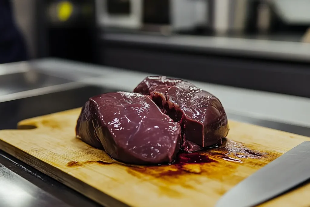 A close-up of trimmed and cleaned beef heart on a cutting board