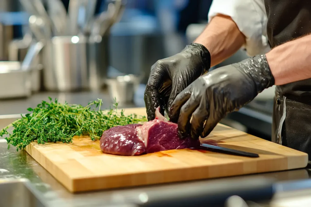 A chef’s hands trimming and preparing raw beef heart on a cutting board