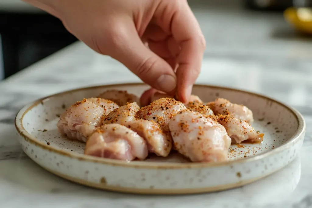 Hands seasoning frozen chicken on a plate before placing it in an air fryer in a stylish kitchen