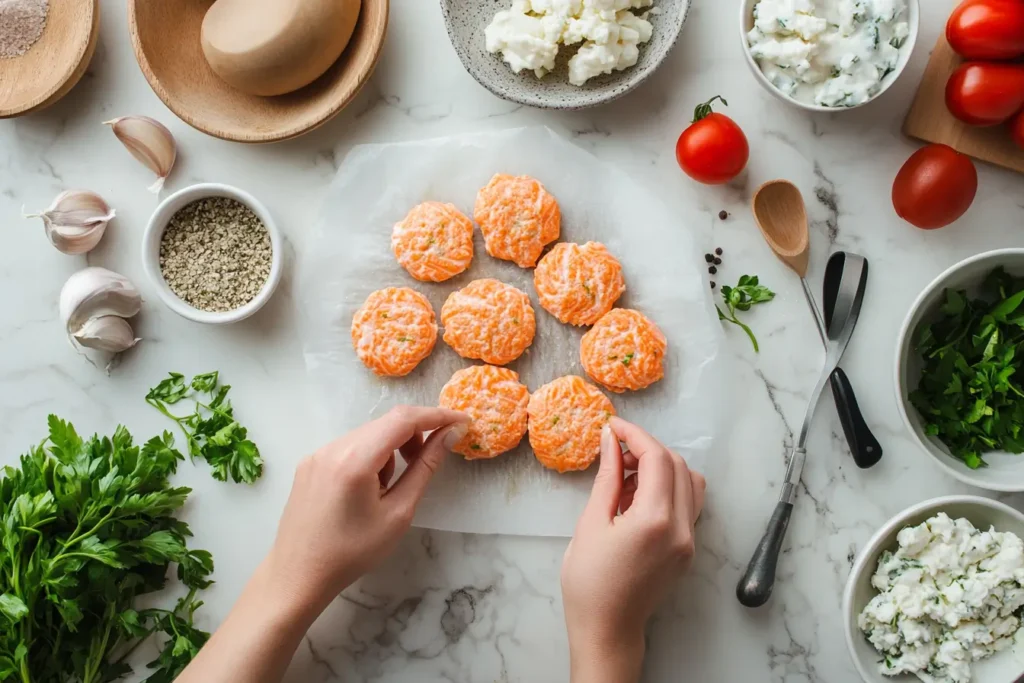 Hands shaping salmon patties with a bowl of salmon mixture on a kitchen counter.