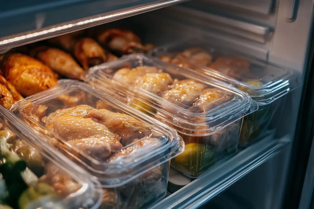 Airtight containers with leftover rotisserie chicken stored in a refrigerator.