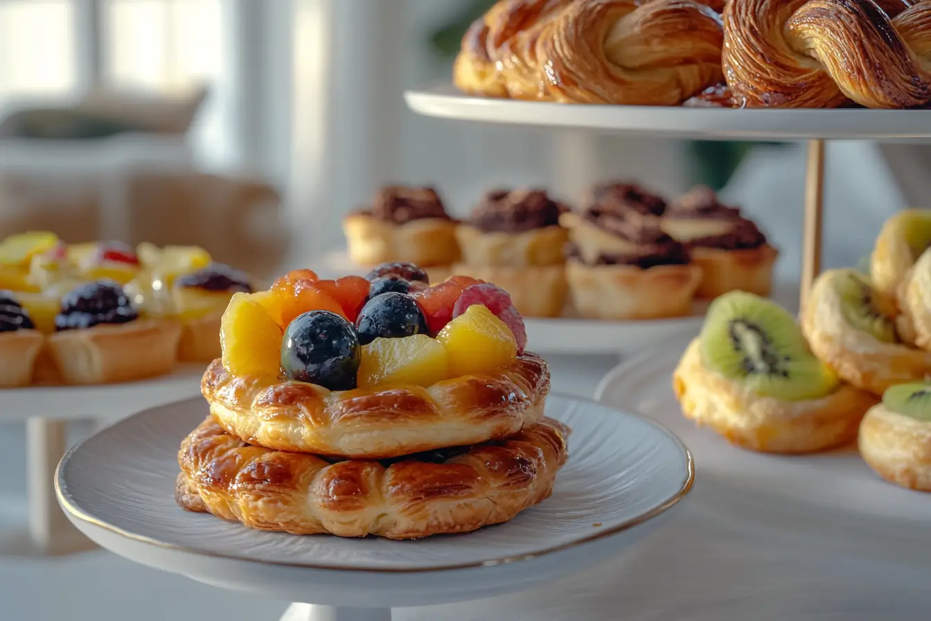 A variety of puff pastry desserts like fruit tarts, chocolate braids, and palmiers displayed on a modern, luxurious table setup