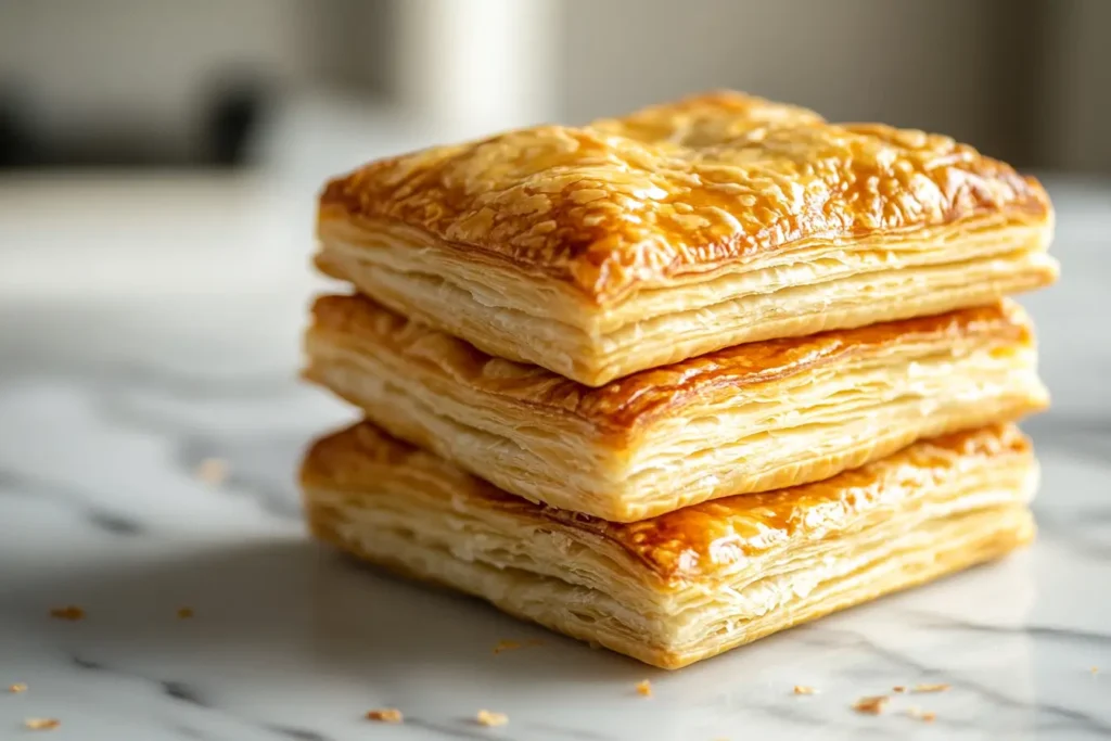 Close-up of flaky puff pastry layers on a modern marble countertop