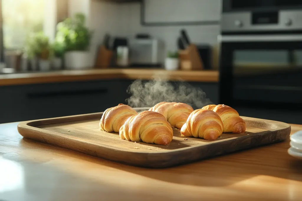 Freshly baked golden crescent rolls on a stylish wooden tray