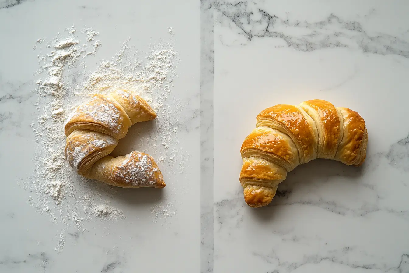 Puff pastry and crescent rolls on a modern marble surface, highlighting their differences