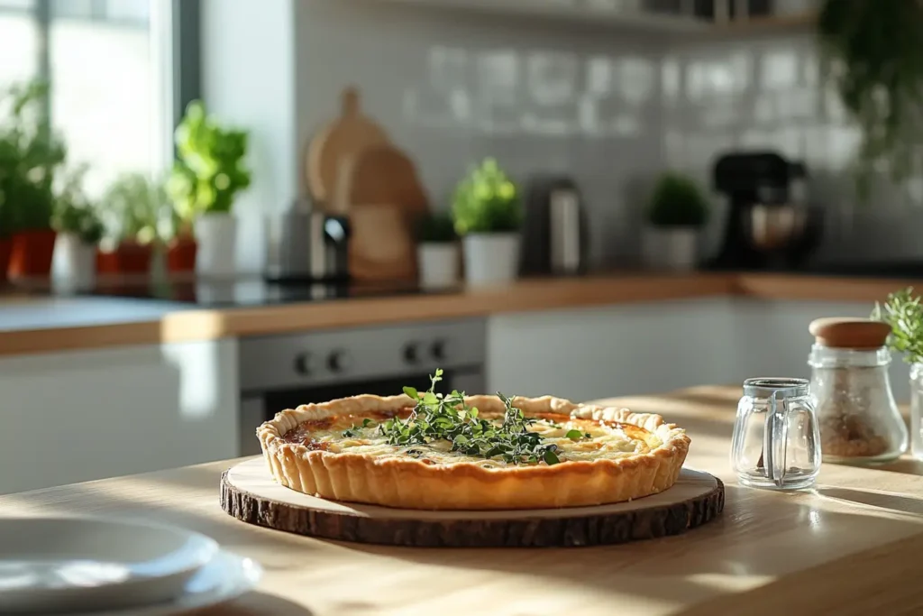 Crustless quiche with vegetables and cheese on a wooden table in a modern kitchen.