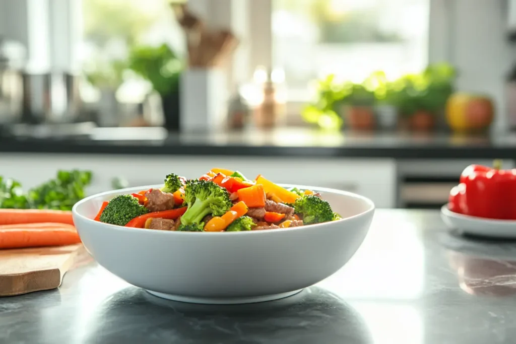 A colorful beef stir-fry with bell peppers, broccoli, and carrots in a modern kitchen setting.