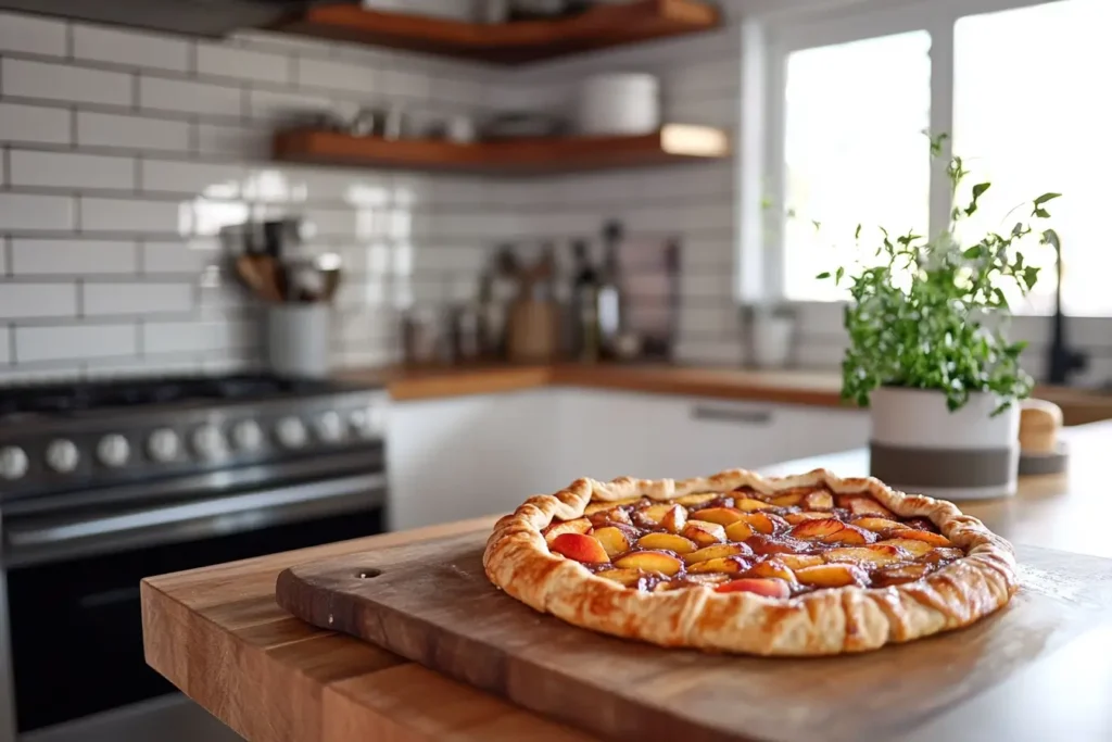 Rustic peach galette with thin, flaky crust displayed on a wooden counter in a contemporary kitchen