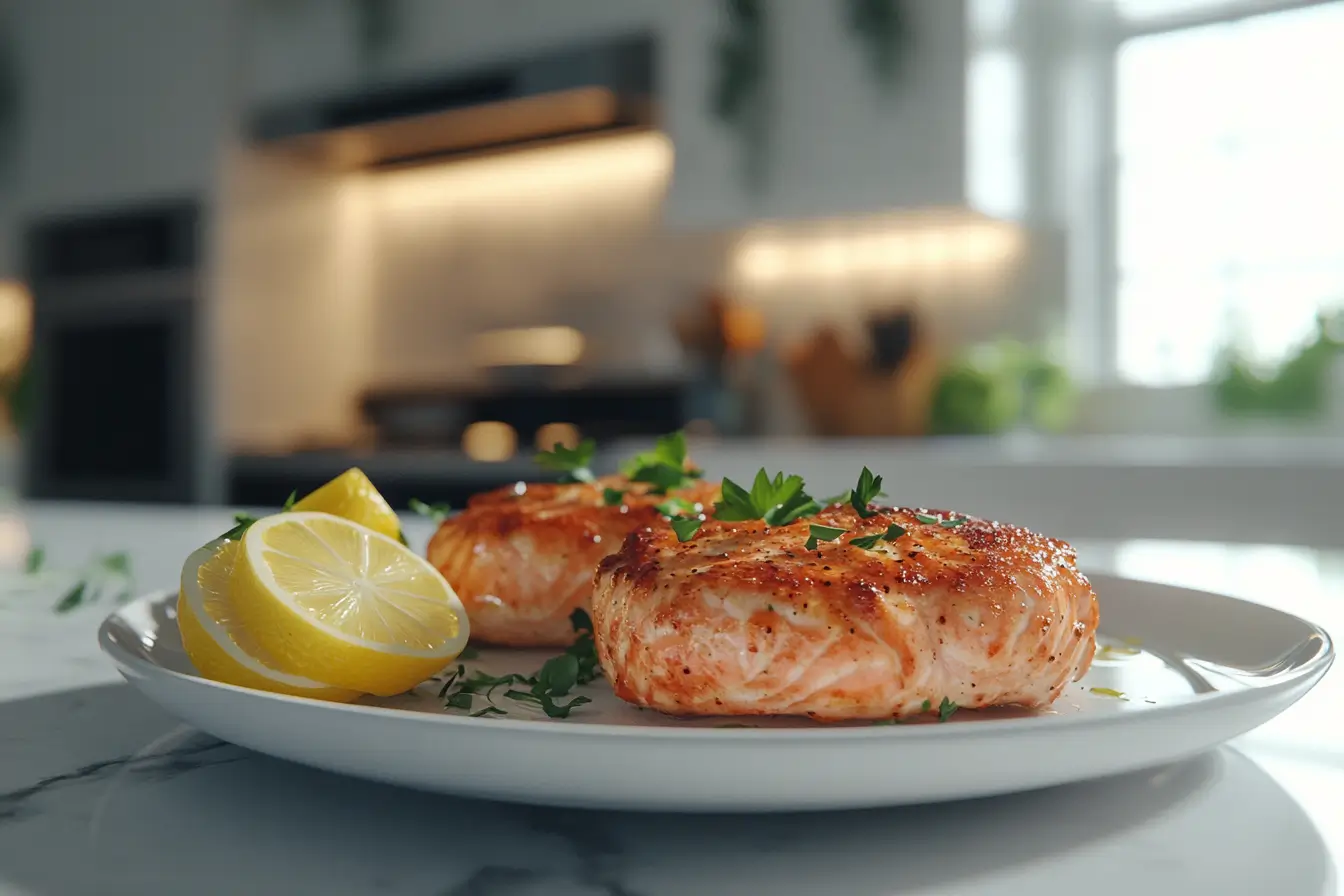 Golden brown salmon patties on a white plate with lemon slices, herbs, and a modern kitchen in the background