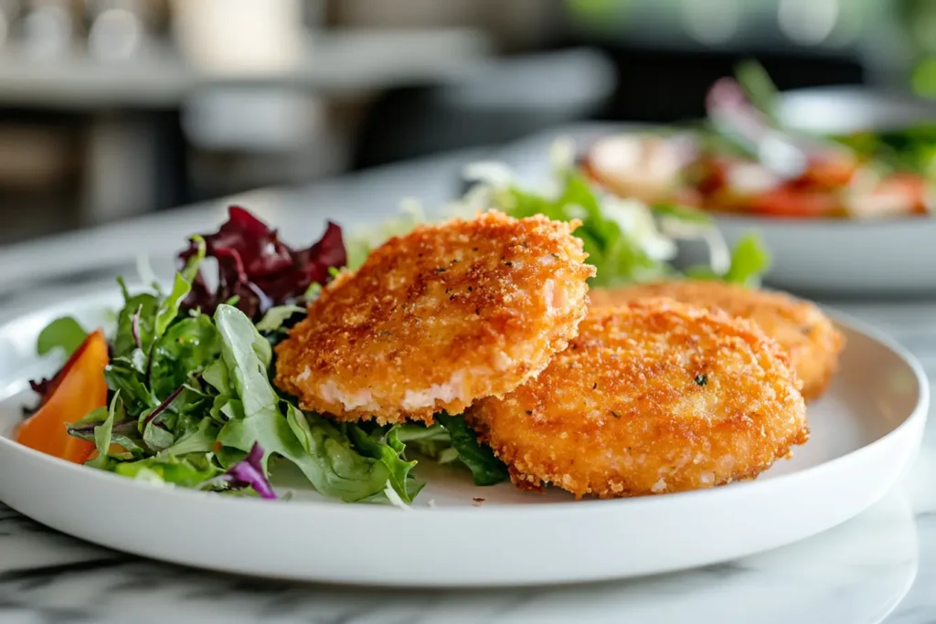 Crispy salmon patties plated with greens in a bright modern kitchen