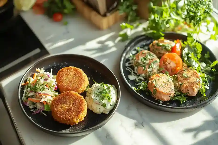 Salmon patties and croquettes served on separate plates with sauces and garnishes