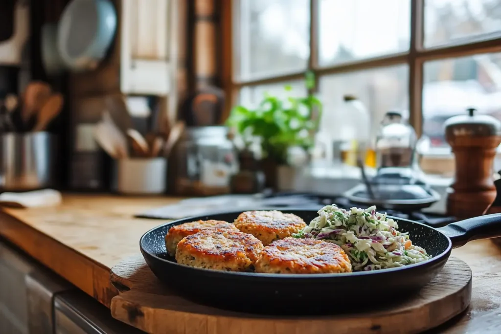 A plate of golden salmon patties with coleslaw in a rustic kitchen.