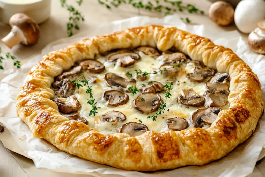 Savory mushroom and cheese galette on parchment paper with a garnish of herbs.