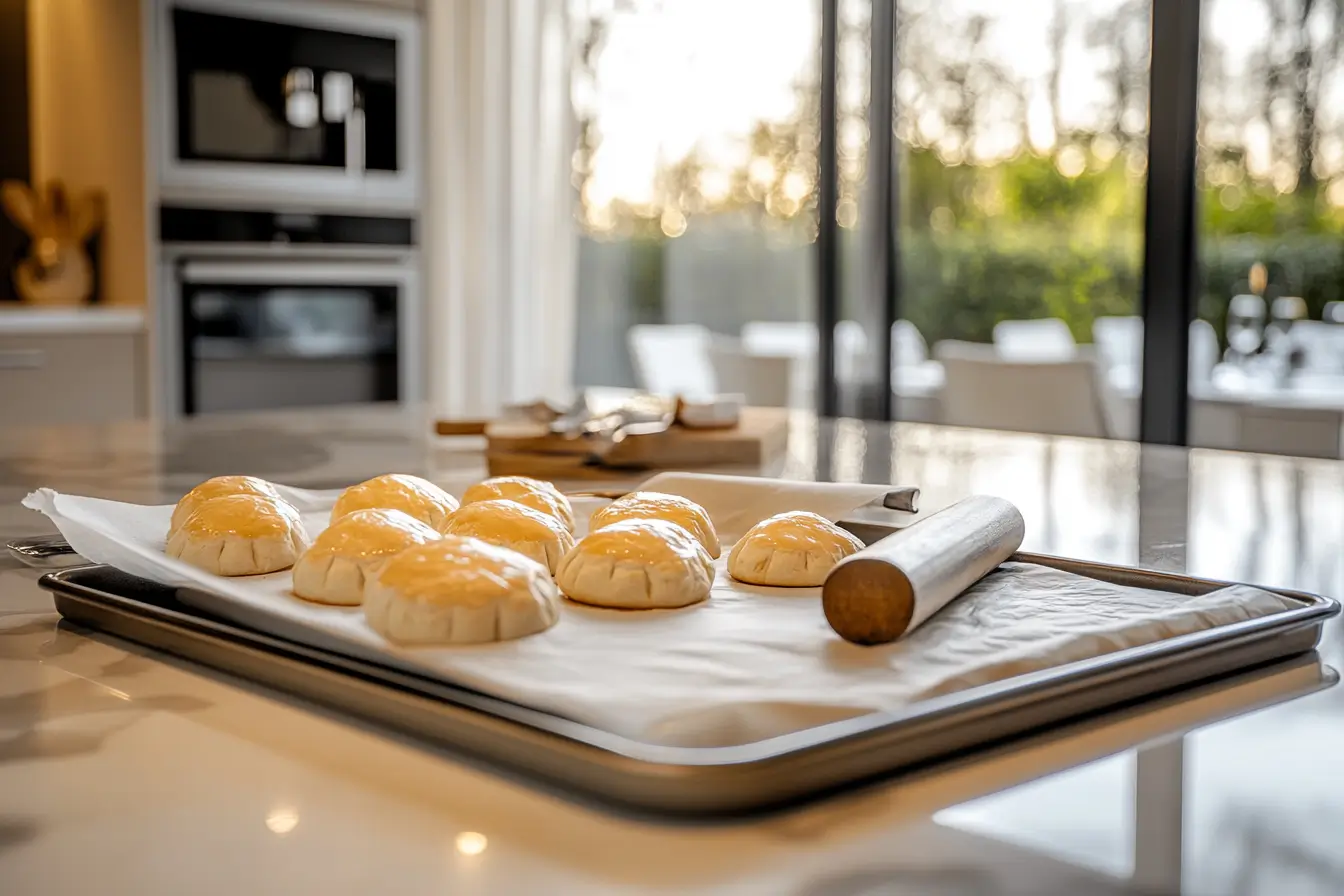 A top-down view of a baking tray with puff pastry in various stages of baking, set in a luxury hotel kitchen.