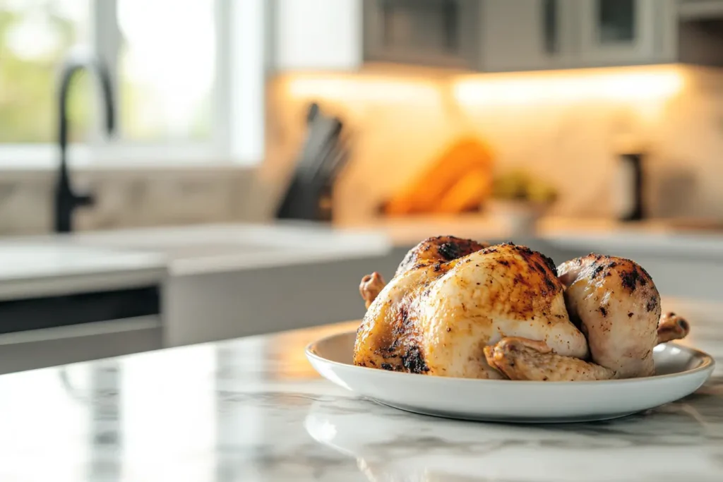 Discolored and slimy rotisserie chicken on a cutting board.