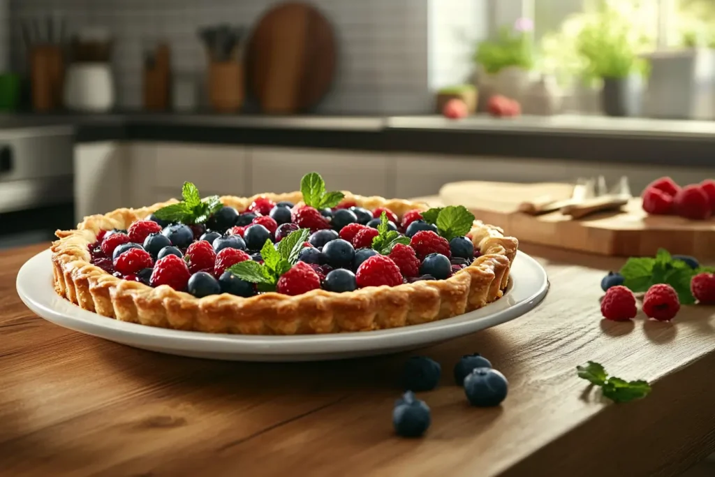 Rustic berry crostata on a wooden table, surrounded by fresh berries