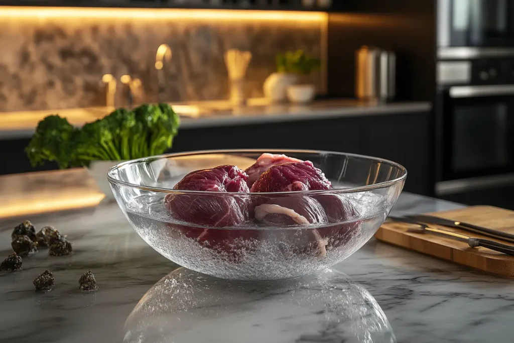 A glass bowl with beef heart submerged in saltwater, on a kitchen counter