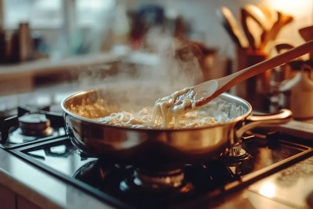 A saucepan with creamy Alfredo sauce being stirred with Asiago cheese melting into it.