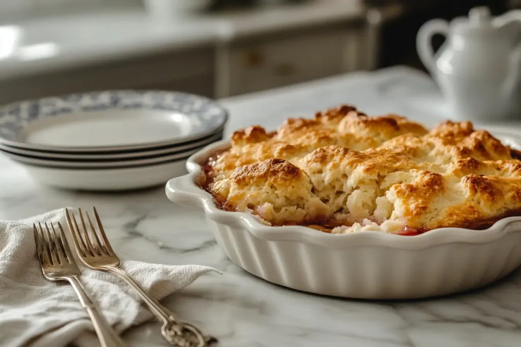 Sweet cobbler with a biscuit topping, served on a marble countertop in a cozy modern kitchen