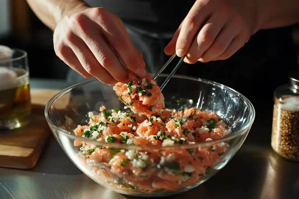 A close-up of hands mixing salmon patty ingredients in a glass bowl on a clean kitchen counter